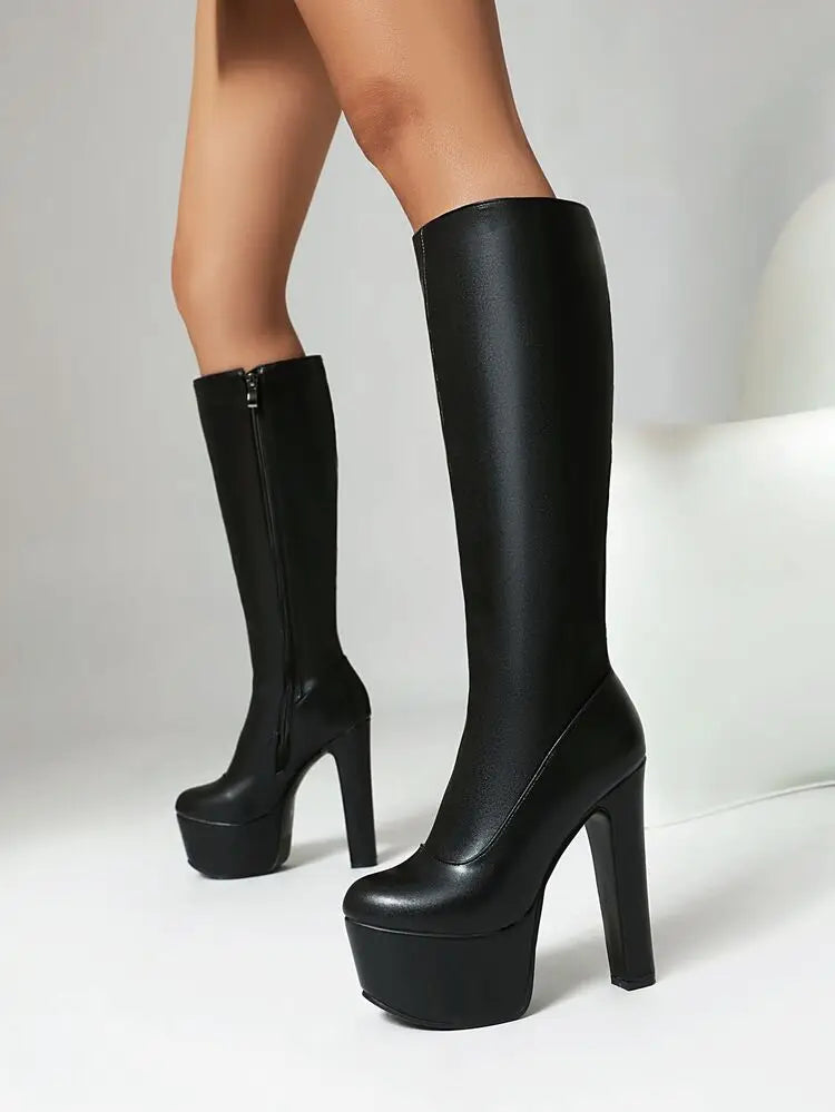Black Red White Women Knee High Boots Platform Thick High Heel Ladies Calf Boots PU Leather Square Toe Side Zipper Dress Shoes boots_platform