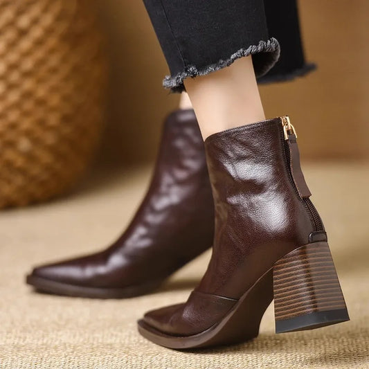 Retro Back Zip High Heel Boots Women's Autumn and Winter New Square Toe 100 Non-slip Wear Block Heel Short Boots boots_highheel