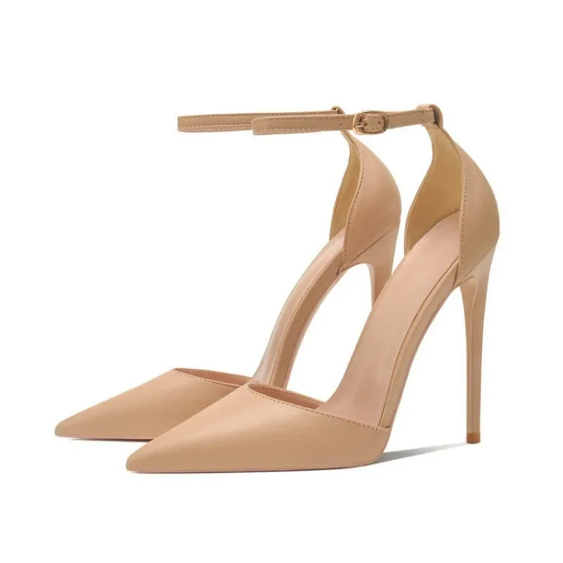 Ankle Strap Women D'Orsay Pointed Toe Stiletto Pumps Ladies Solid Dress High Heel Shoes 12cm 10cm 8cm Black White heels_stiletto