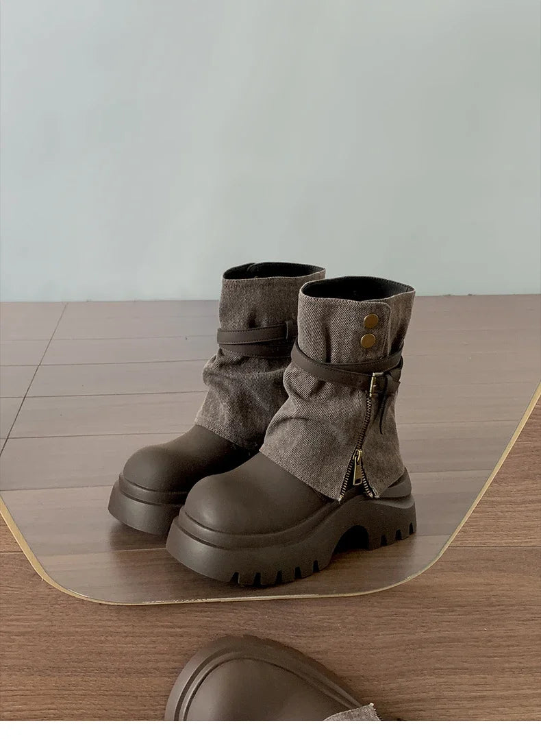 Winter Punk Style Women Pipe Ankle Boots Fashion Belt Buckle Shoes Ladies Concise Platform Heel Short Booties Zapatos De Mujer boots_platform