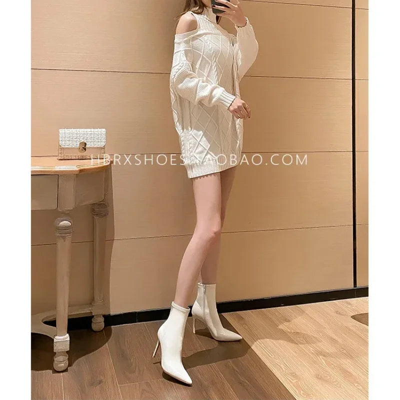 Women's Spring Ankle Boots White High Heels Pointed Toe Stiletto Heel Side Zipper Short Boots Leisure Fashion Sexy Botas Mujer boots_highheel