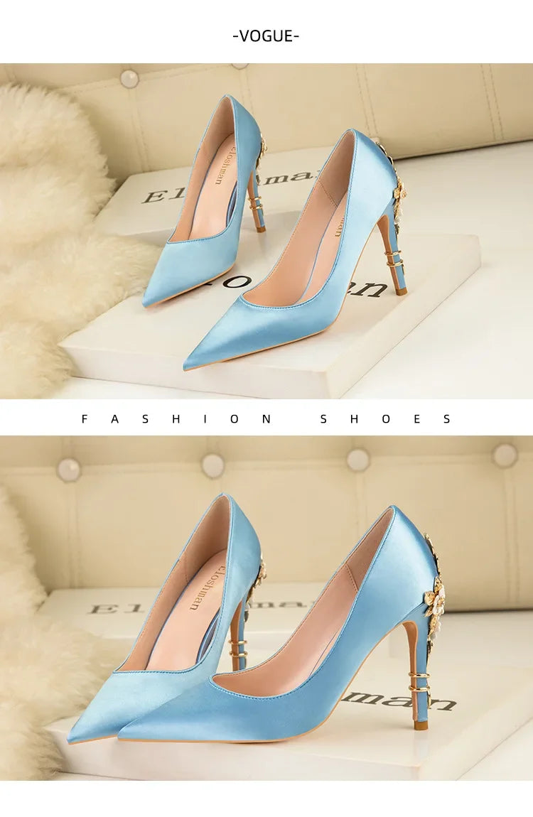 Women's Metal Flowers Stiletto High-heel Shoes Female  Light Luxury Sexy Fashion Wedding Shoes Pointed Toe Satin Single Shoes heels_stiletto