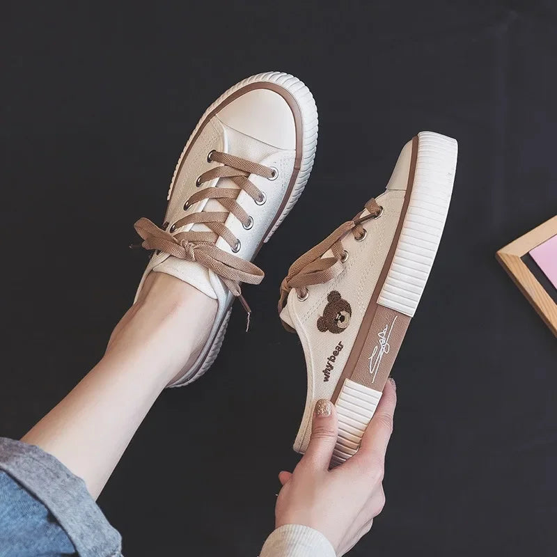 Summer Cute Women's Canvas Shoes New Womens Half Slippers Korean Version Female Vulcanized Shoes Lace-up Flat Sneakers Zapatos sneakers_women