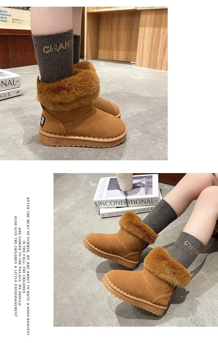 Kids Genuine Cowhide Snow Boots Winter Baby Soft Warm Cotton Shoes with Plush Boys Girls One Fur Suede Boots Princess Retro Boot kids_shoes