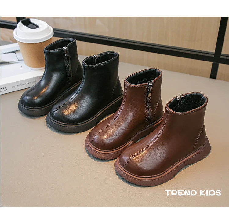 Children Fashion Boots Simple Girls Ankle Boot Black Kids Short Leather Boots Side Zipper Thick Bottom Autumn Winter 2024 New kids_shoes