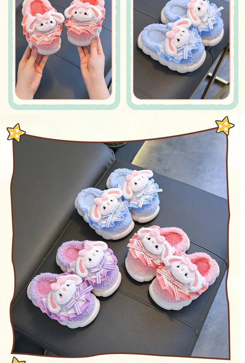 2024 New Winter Children's Cotton Slippers - Cute and Warm Fleece Rabbit Fur Baby's Home Cotton Slippers for Girls kids_shoes