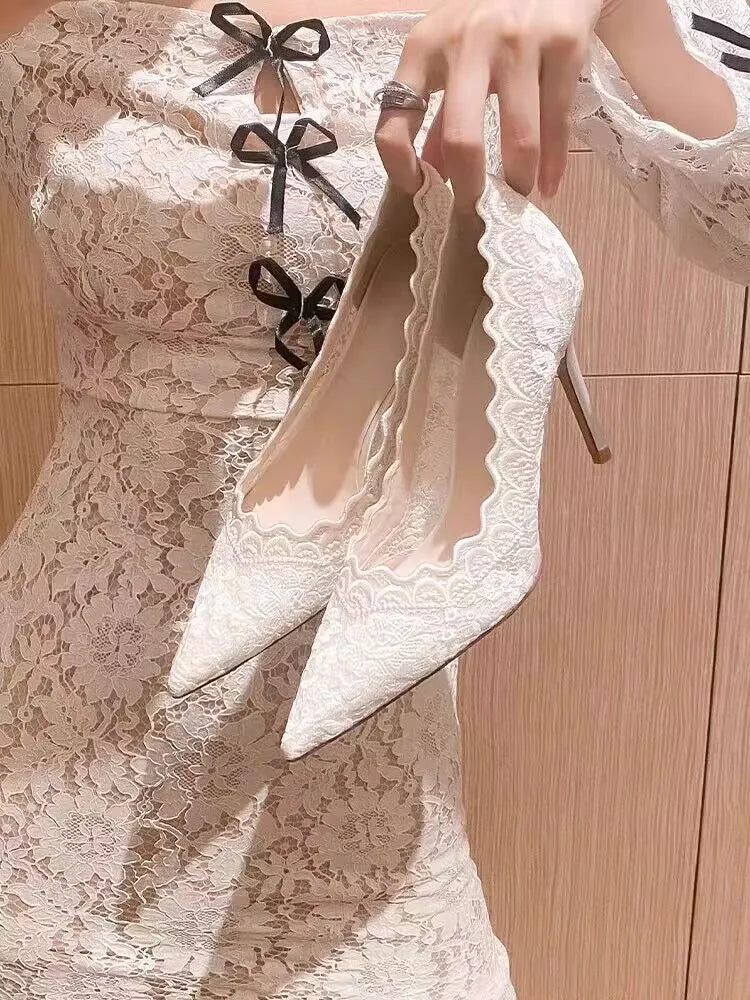 White Wedding Shoes Bridal Shoes Design Sense Niche Lace Pointed Stiletto Heel Shallow French High Heels Female Temperament heels_stiletto