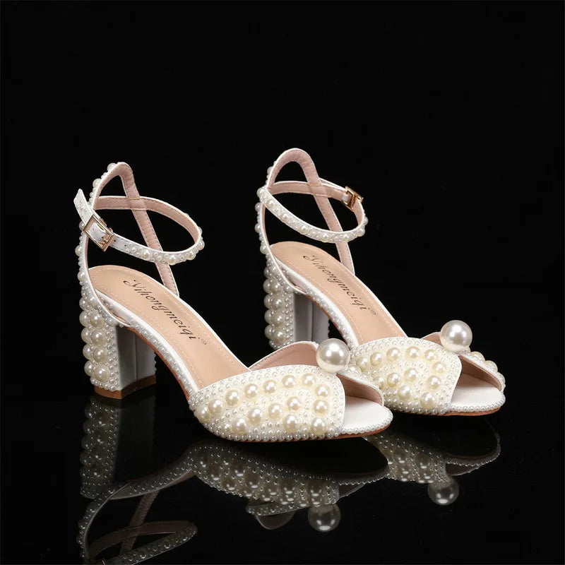 2025 New High Heels Thick Heel Shallow Mouth Women's Pearl Sandals Wedding Shoes Bridesmaid Shoes heels_bridal