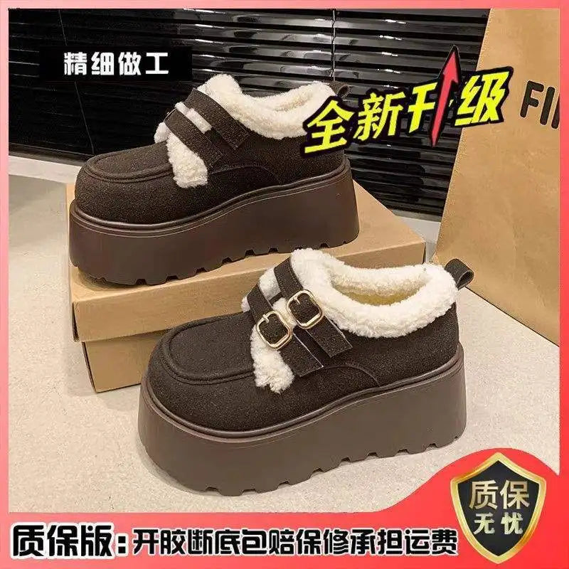 Low Cut Furry Snow Boots Women's Thick Heel Wedge Slippers Korean Style Flat Shoes Cotton Lined Winter Fashion Boots sneakers_platform