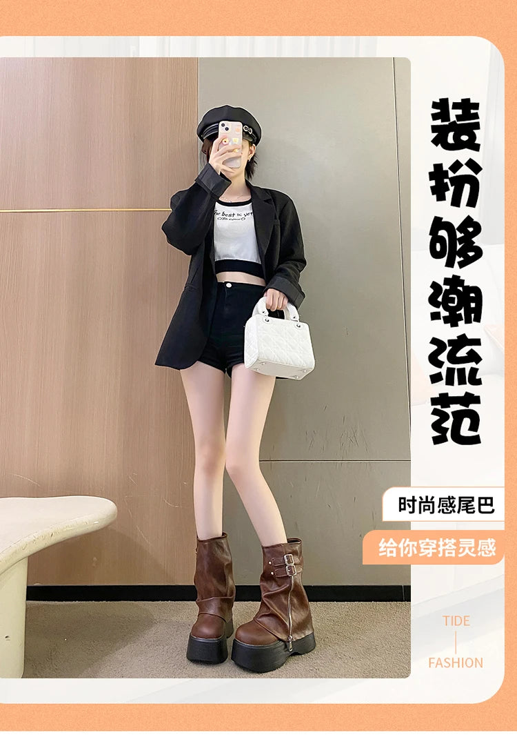 Soft Leather Ankle Mid Calf Boots Winter Autumn High Platform Wedge British Booties Woman New Ladies Chunky Motorcycle Boots 9CM boots_platform