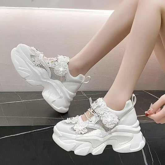 2025 Women's Air Mesh Sport Shoes Breathable Lace-Up Thick Heels Summer Hollow Motorcycle-Style Platform Wedge Ladies' Footwear sneakers_platform