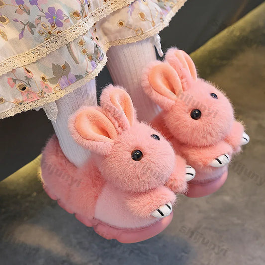 Autumn Winter Children's Slippers 2025 Fashion Cartoon Rabbit Warm Furry Parent-child Home Shoes for Boys Girls Cotton Shoes