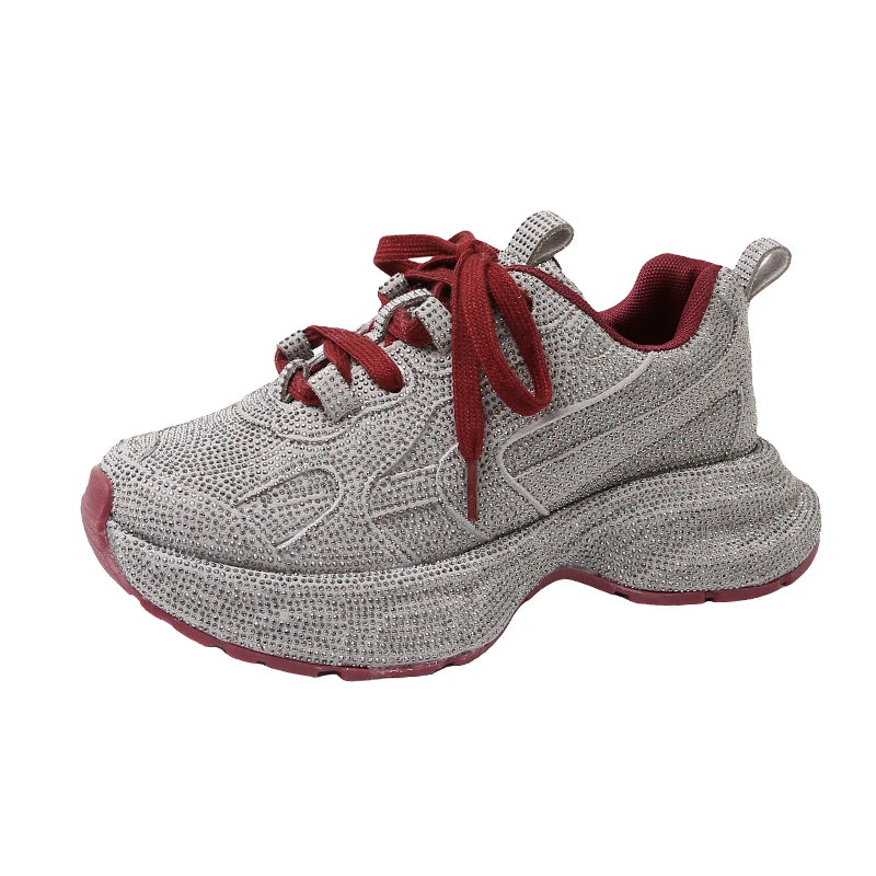 Women Sneakers Spring Lace-Up High Heel Platform Lace Up Silver Crystal Casual Working Shoes Wearing night running shoes outside sneakers_platform