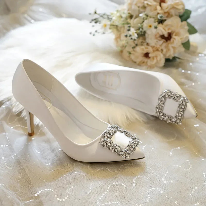 Women Rhinestone Square Buckle Dress Wedding Brides Shoes Pointed Toe Stiletto Pumps Suede High Heels Botines Mujer Con Tacon heels_stiletto