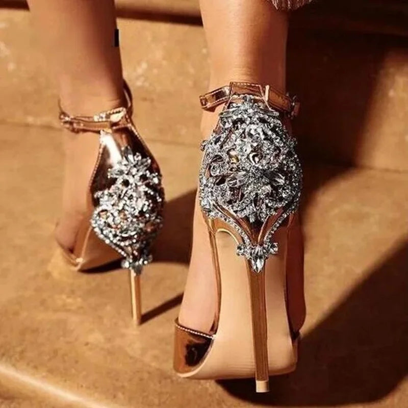 Sexy Champagne Wedding Shoes Rhinestone Decoration Bridal Shoes Open Toe Summer Stiletto High Heels Party Women Shinny Pumps heels_stiletto