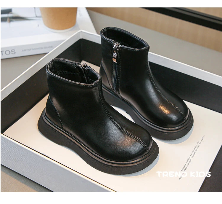 Children Fashion Boots Simple Girls Ankle Boot Black Kids Short Leather Boots Side Zipper Thick Bottom Autumn Winter 2024 New kids_shoes