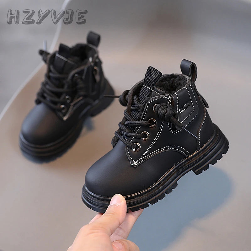New Children's Fashion Boots Winter Thickened Boys Girls' Anti Slip Warm Leather Boots Side Zipper Solid Color Kids Casual Shoes kids_shoes