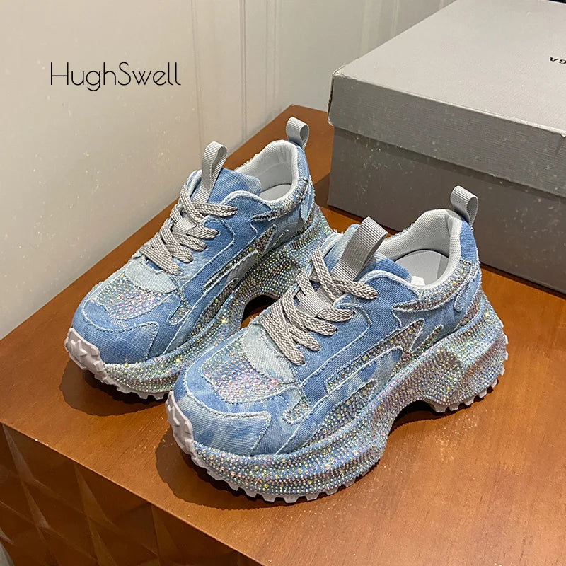 Rhinestone Cover Thick Sole Denim Canvas Sneaker Woman Bling Rivet Chunky Daddy Shoe Ladies Luxury Brand Design Crystal Zapatos sneakers_platformis sneakers_luxury
