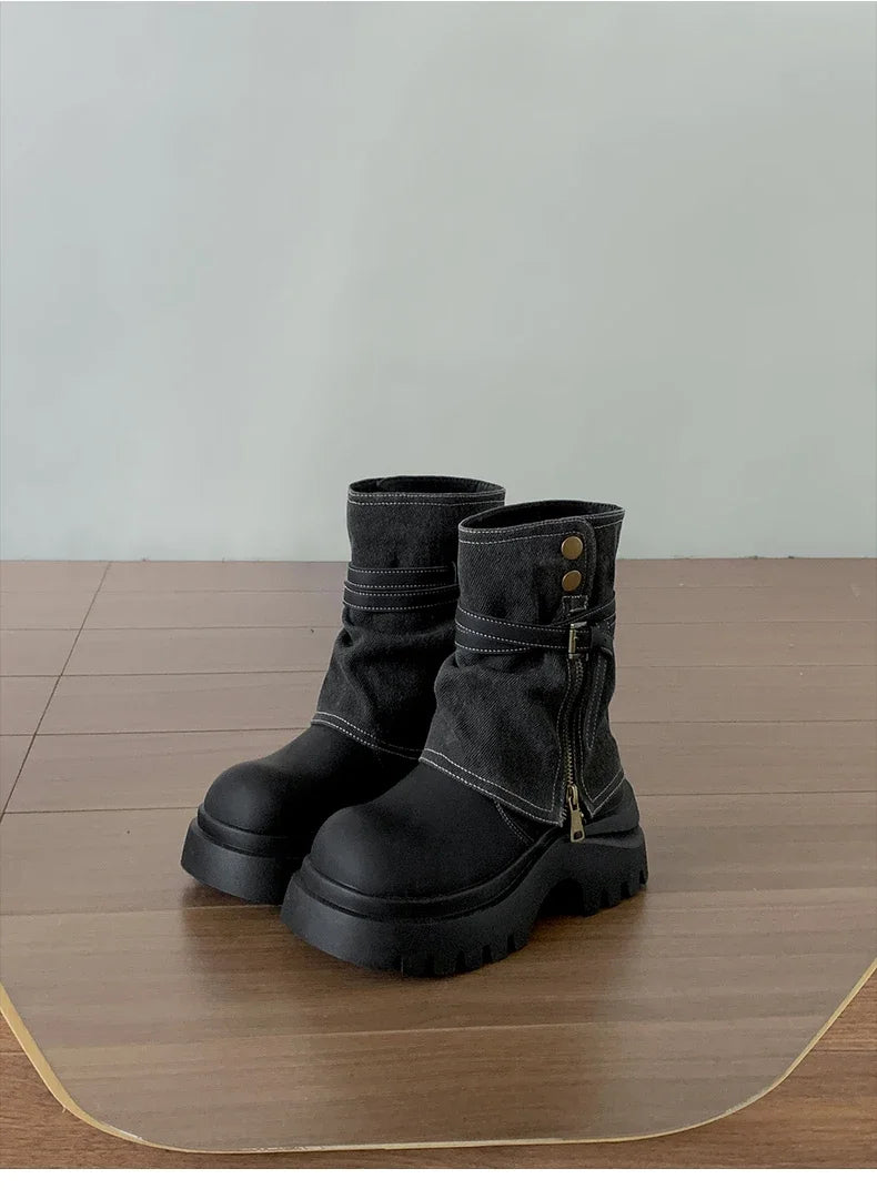 Winter Punk Style Women Pipe Ankle Boots Fashion Belt Buckle Shoes Ladies Concise Platform Heel Short Booties Zapatos De Mujer boots_platform