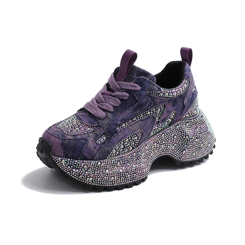 Rhinestone Cover Thick Sole Denim Canvas Sneaker Woman Bling Rivet Chunky Daddy Shoe Ladies Luxury Brand Design Crystal Zapatos sneakers_platformis sneakers_luxury