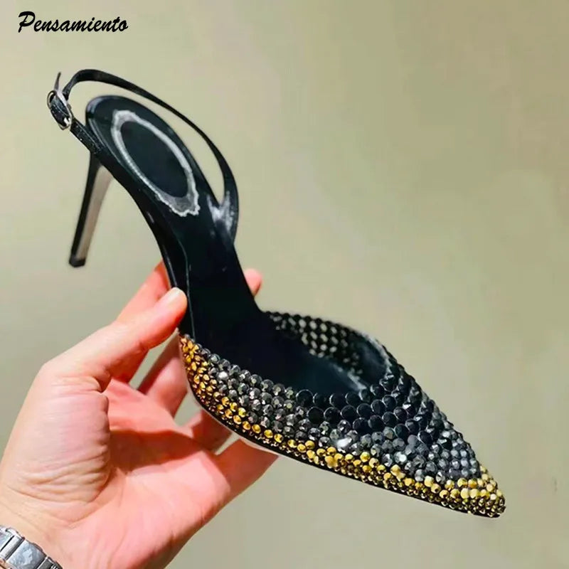 Star style Gradient Rhinestones Pointed toe Stiletto High heels Women Sandals Fashion Spring Summer Slingbacks Party Prom Shoes heels_stiletto