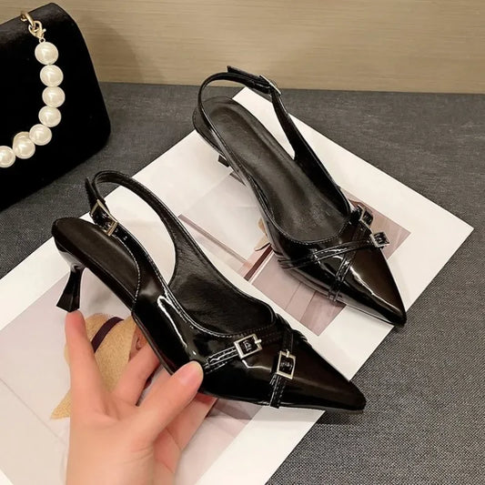 Fashionable Pointed Toe Shallow Mouth New High-heeled Shoes Summer Elegant Buckle Decorated Stiletto Black Women's Shoes Pumps heels_stiletto