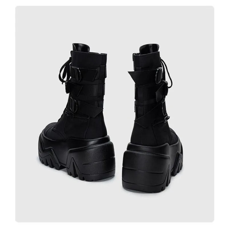 Women Ankle Booties Autumn Leather Chunky Shoes Woman High Platform Breathable Sneakers 9CM Thick Sole Wedges Motorcycles boots_platform