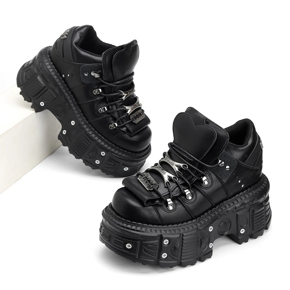 2025  Woman Sneakers New Punk Style Women Shoes Gothic Ankle Rock Boots Lace-up Heel Height Platform Shoes Woman Metal Decor sneakers_platform