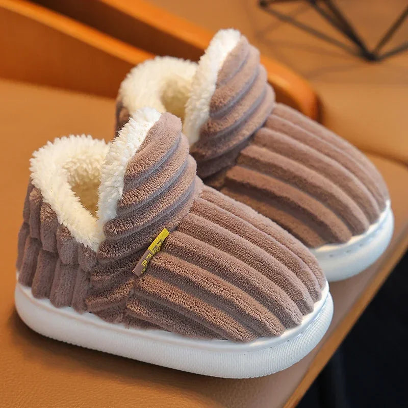 New Winter Concise Stripe Plush Slippers Children's Non-slip Soft Sole Kids Boys Girls Heel Wrap Warm High Home Cotton Shoes kids_shoes
