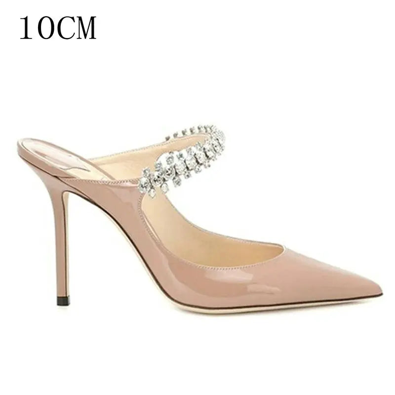 2025 Summer New High-heeled Stiletto Pointed Rhinestone Slippers Women's Outer Wear One-word with Baotou Half Drag Muller Shoes heels_bridal
