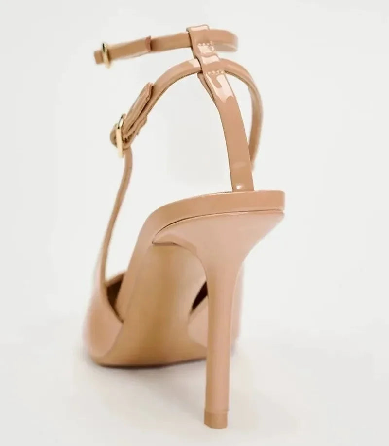 Nude Patent Leather Ankle Strap Buckle Women Pumps Sexy Pointed Toe Stiletto Heels Summer Stiletto Heels Party Shoes Sandalias heels_stiletto