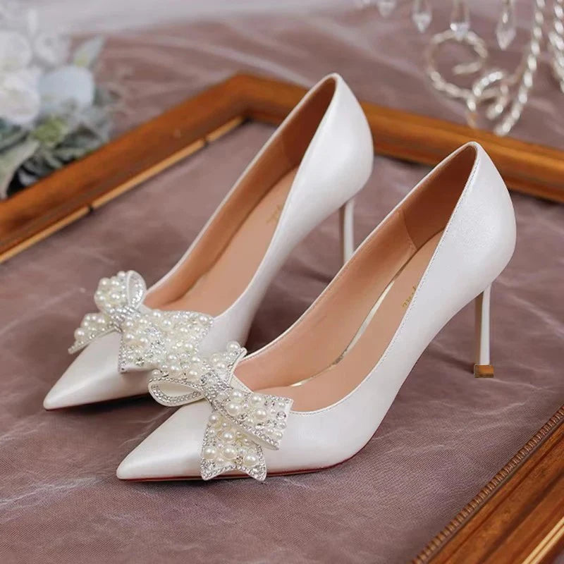 Rimocy Luxury Pearl Bowknot Wedding Pumps Women Sexy Stiletto Heels Party Shoes Woman Silk Pointed Toe Rhonestone Pumps Ladies heels_stiletto