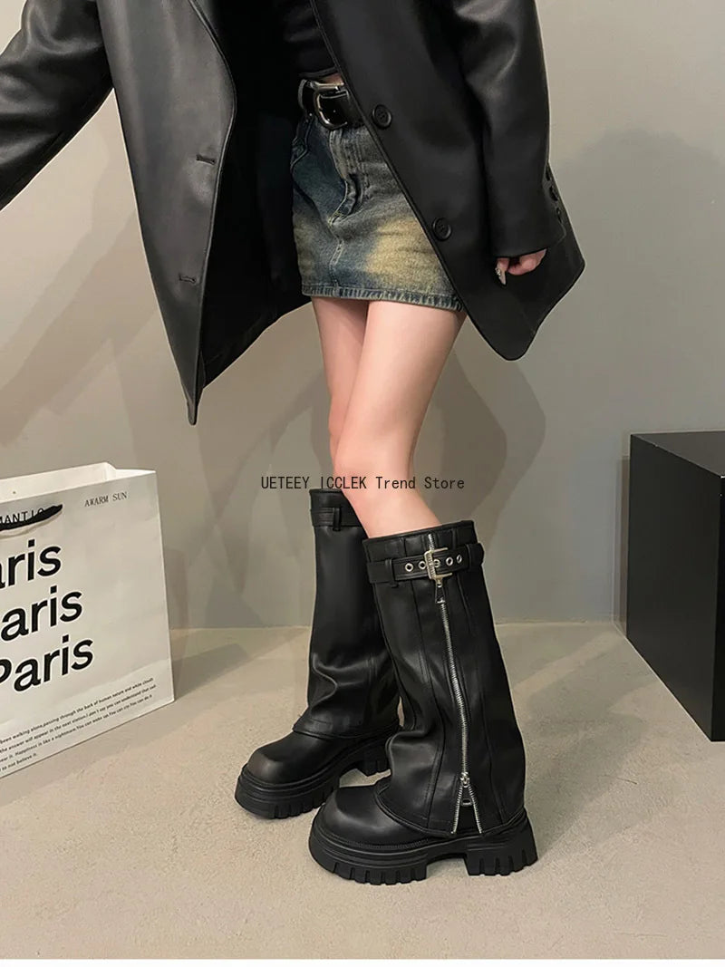 Winter Women Biker Boots Fashion Belt Buckle Ladies Elegant Platform Long Pipe Booties Casual Women's Knee High Booties boots_platform