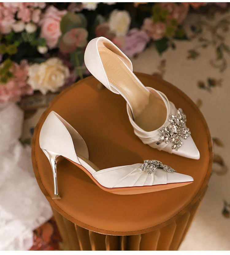 2025 Autumn New White French High Heels Pointy Rhine-Diamond Thin Heel Not Tired Foot Single Shoes Wedding Shoes heels_bridal