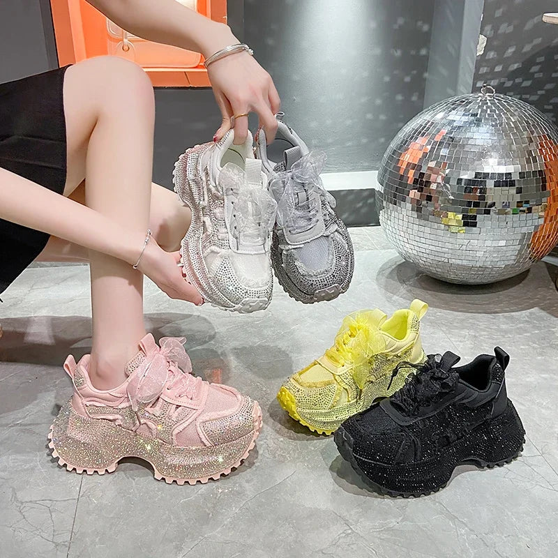Women Shiny Rhinestones Shoes Four Seasons Casual Sneakers Women Stylish Sport Shoes Lace-Up Platform Luxury Shoes zapatos mujer sneakers_platform