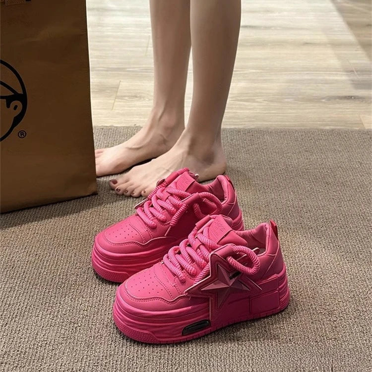Leather Pink Chunky Sneakers Platform Lace-up Thick Sole Casual Shoes Women 2025 Slip on Fashion Outdoors Walking Shoes sneakers_platform