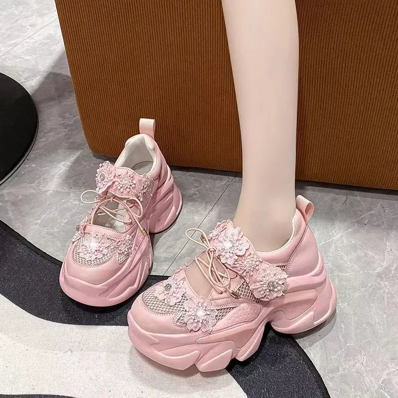 2025 Women's Air Mesh Sport Shoes Breathable Lace-Up Thick Heels Summer Hollow Motorcycle-Style Platform Wedge Ladies' Footwear sneakers_platform
