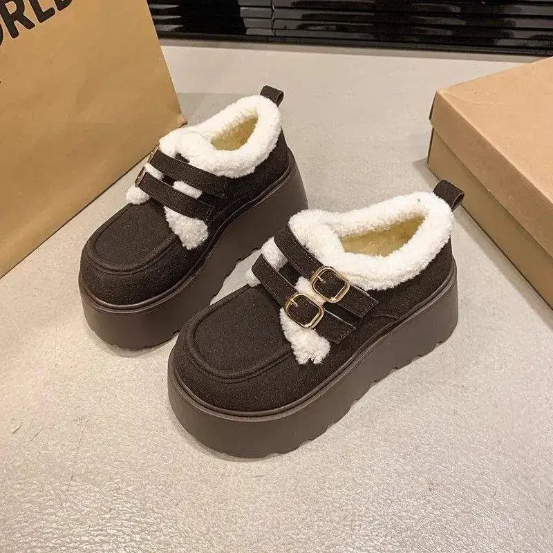 Low Cut Furry Snow Boots Women's Thick Heel Wedge Slippers Korean Style Flat Shoes Cotton Lined Winter Fashion Boots sneakers_platform