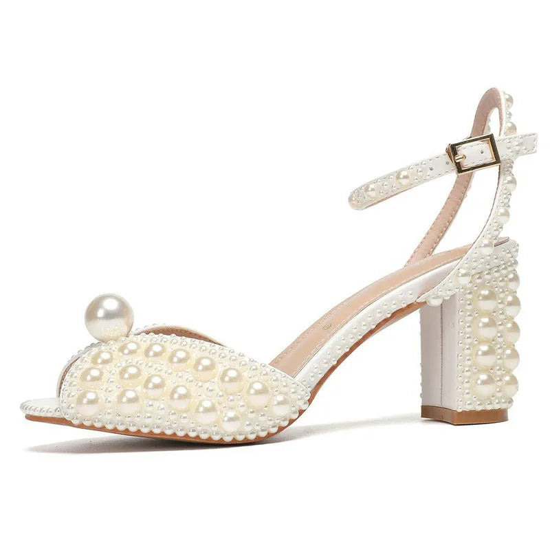 2025 New High Heels Thick Heel Shallow Mouth Women's Pearl Sandals Wedding Shoes Bridesmaid Shoes heels_bridal