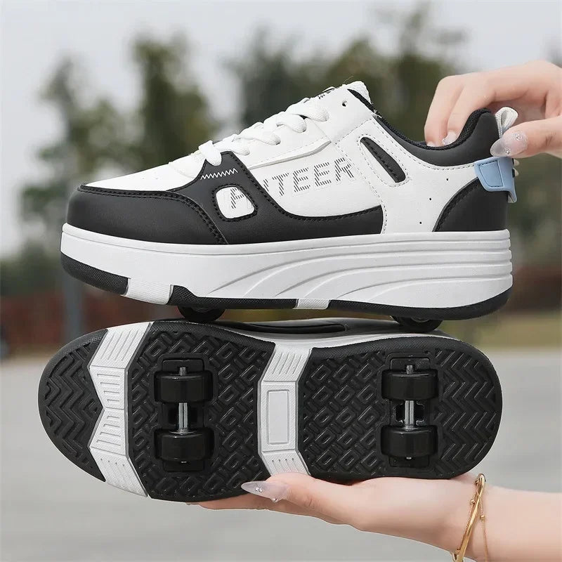New Four Wheels Women & Girls PU Leather Children Roller Shoes Fashion Boys Sneakers Breathable Kids Skates Size 30-40 kids_shoes