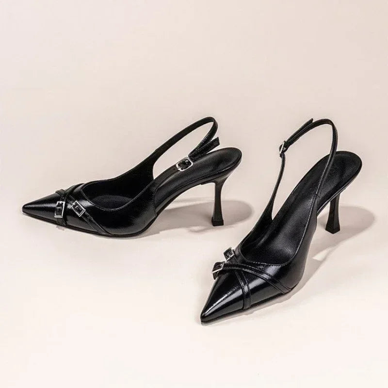 Fashionable Pointed Toe Shallow Mouth New High-heeled Shoes Summer Elegant Buckle Decorated Stiletto Black Women's Shoes Pumps heels_stiletto