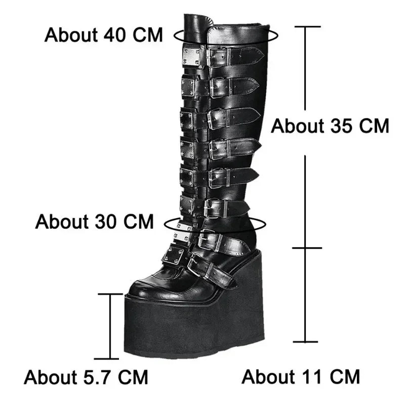 Women Boots Cosplay Ladies High Heel Platform Wedges Women High Boots Gothic Buckle Strap Long Tube Leather Female Boots Plus Si boots_platform
