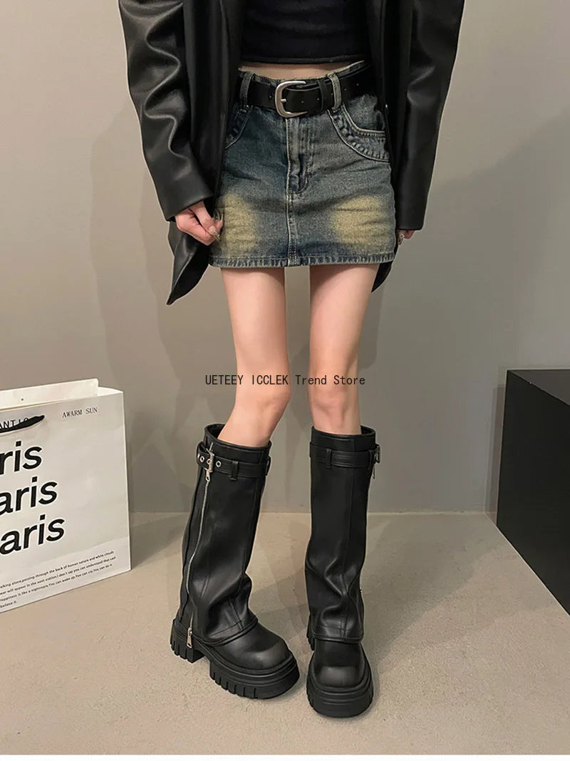 Winter Women Biker Boots Fashion Belt Buckle Ladies Elegant Platform Long Pipe Booties Casual Women's Knee High Booties boots_platform