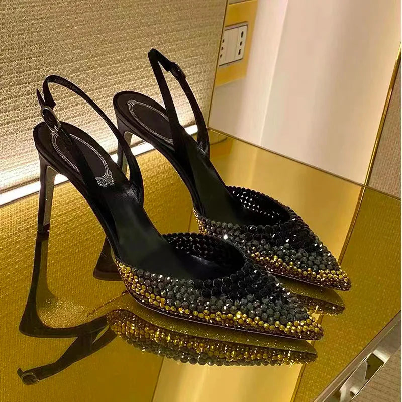 Star style Gradient Rhinestones Pointed toe Stiletto High heels Women Sandals Fashion Spring Summer Slingbacks Party Prom Shoes heels_stiletto
