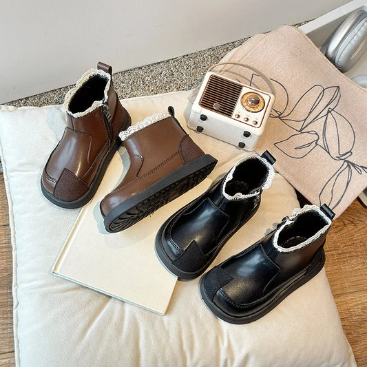 Kids Princess Boots with Sweet Lace Girls Short Boots with Cotton Non-slip 2024 Autumn Winter New Children Ankle Boots Elegant
