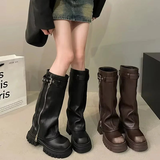 Winter Women Biker Boots Fashion Belt Buckle Ladies Elegant Platform Long Pipe Booties Casual Women's Knee High Booties boots_platform