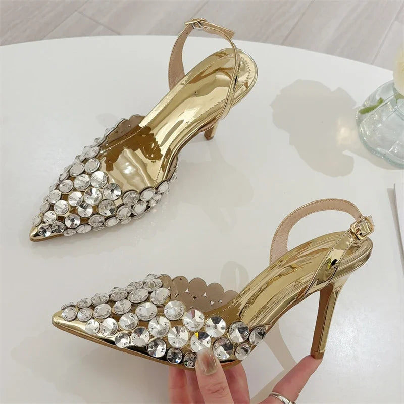 Aneikeh Fashion Stiletto Pumps Summer Silvery Rhinestone Hollow Strap High-heeled Sandals Women Wedding Banquet Shoes heels_stiletto