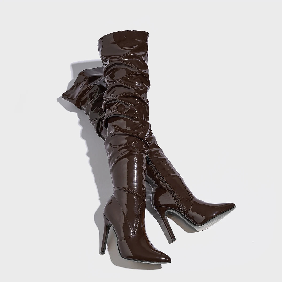 Sharp Pointed Patent Leather Fashionable Women's Boots Model Walking High Heels Boots Brown High Top Knee Size boots_highheel