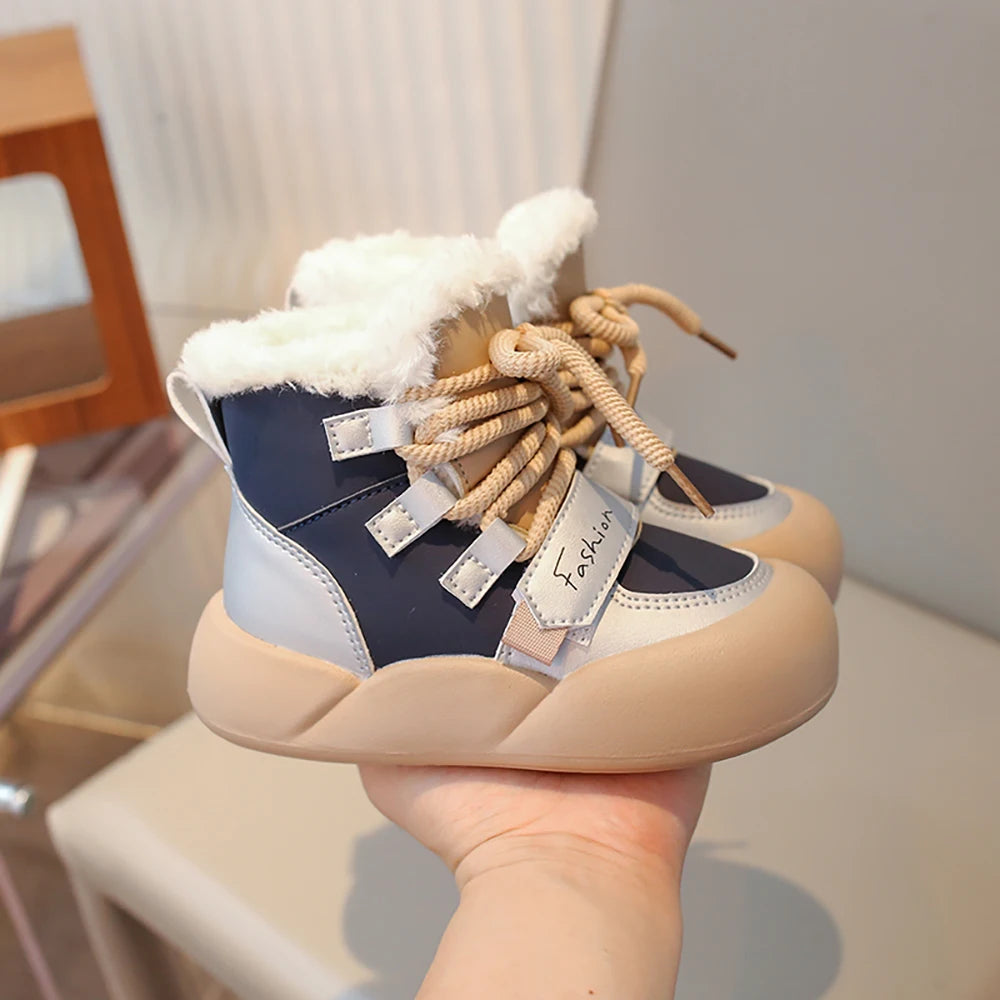 Winter Plush Snow Boots For Children PU Leather Waterproof Cotton Shoes Trend Fashion Teenager Kid's Velvet Boots Winter Shoes