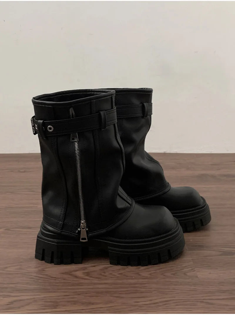 Winter Women Biker Boots Fashion Belt Buckle Ladies Elegant Platform Flats Short Booties Casual Women's Knight Booties boots_platform